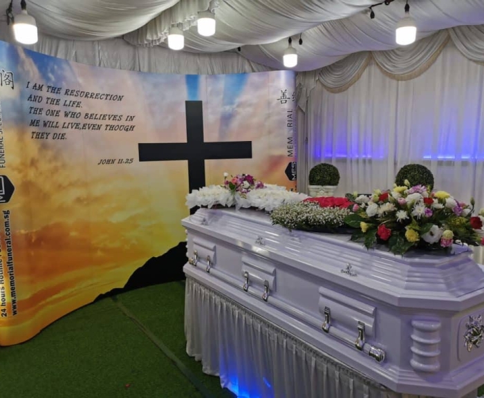 ChristianGallery6 White coffin with a christian backdrop