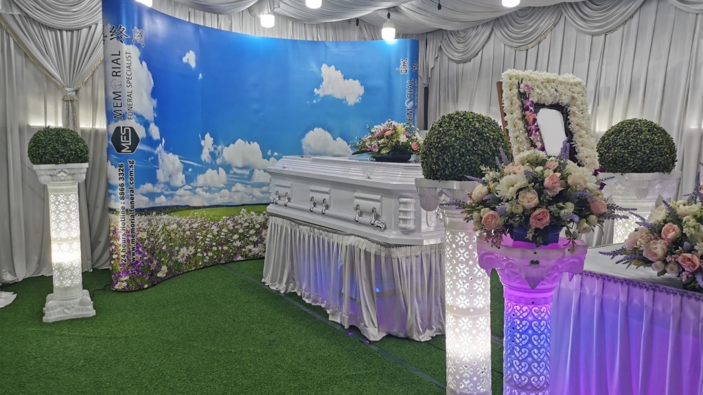 Freethinker fancy white coffin with flower field backdrop Freethinker fancy white coffin with flower field backdrop