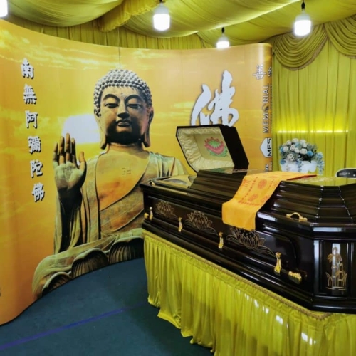 Buddhist Funeral Package - Open casket with a Buddhist themed backdrop