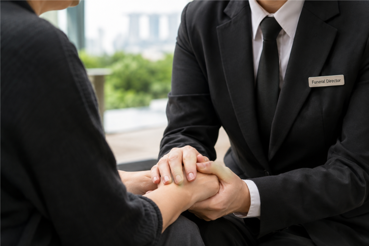 A professional funeral director in a black suit and tie gently holding and comforting a grieving person's hands during a consultation.