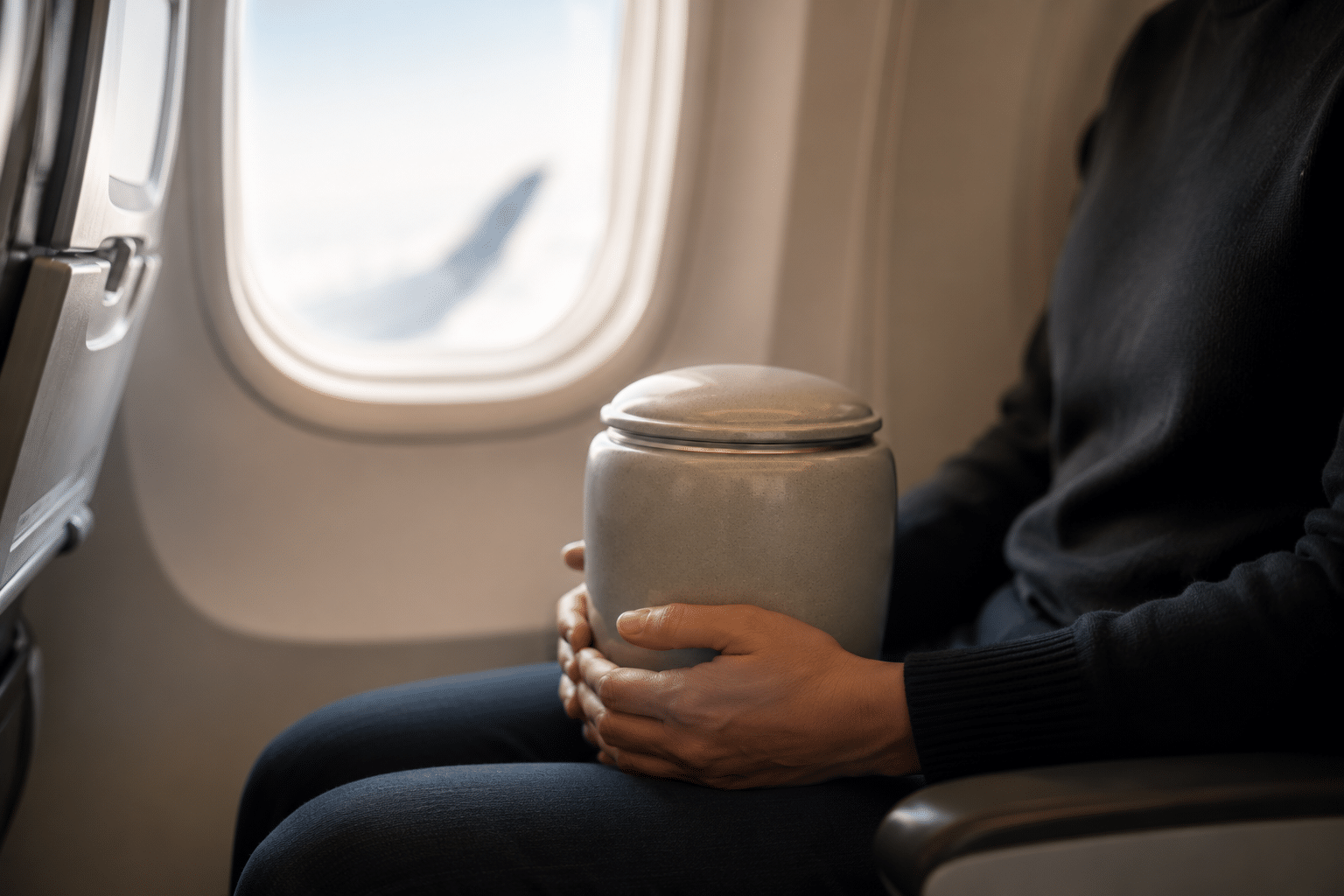 Person holding an ashes with boarding a plane.